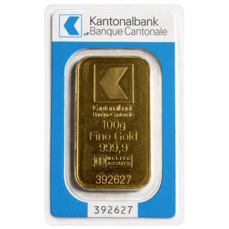 Zlatý slitek 100 g Kantonalbank poškozený obal