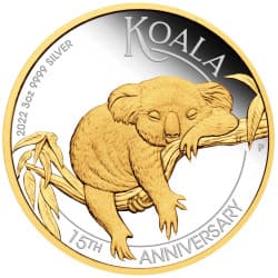 Stříbrná mince 3 Oz Koala 15th Anniversary  2022 Proof- zlaceno