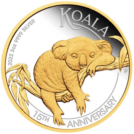 Stříbrná mince 3 Oz Koala 15th Anniversary  2022 Proof- zlaceno