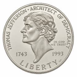 Stříbrná mince 1 Dollar Birth of Thomas Jefferson - 1993