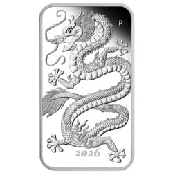Stříbrná mince ve tvaru slitku 1 Oz Rectangular Dragon 2026 Proof