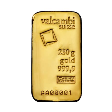 Zlatý slitek 250 g Valcambi litý